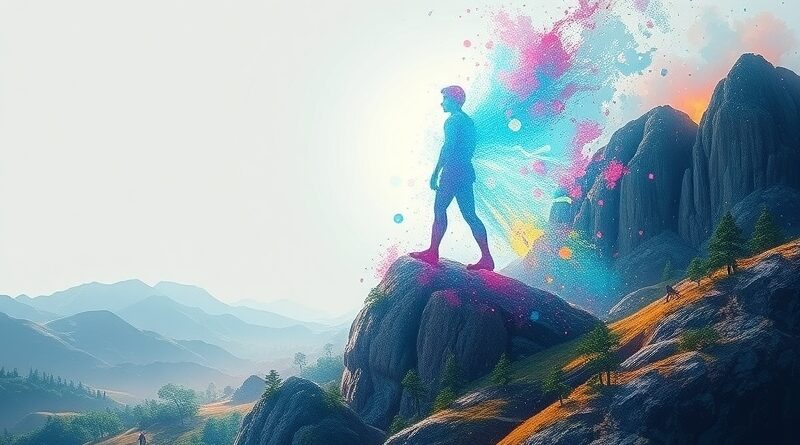 Cyfrowa muza tworząca fotorealistyczny pejzaż na płótnie, z fragmentami kodu w pociągnięciach pędzla.