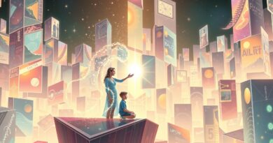 Świetlista holograficzna tutorka prowadzi ucznia przez geometryczny krajobraz wiedzy w pastelowych barwach.