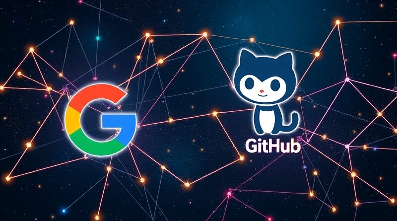 Abstrakcyjna sieć neuronowa łączy logo Google z Octocatem GitHub na tle kosmosu.
