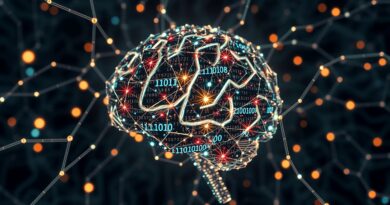 Cyfrowa mozaika kodu tworząca futurystyczny mózg. Sieci neuronowe pulsują światłem wśród binarnych konstelacji. Jules AI.