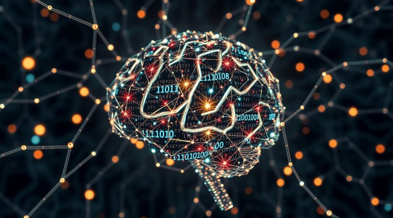 Cyfrowa mozaika kodu tworząca futurystyczny mózg. Sieci neuronowe pulsują światłem wśród binarnych konstelacji. Jules AI.
