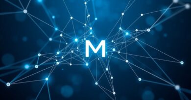 Abstrakcyjna sieć danych połączona światłem, z literą "M" w centrum, symbolizująca język Mangle od Google.