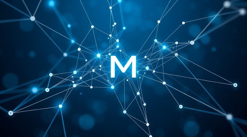 Abstrakcyjna sieć danych połączona światłem, z literą "M" w centrum, symbolizująca język Mangle od Google.