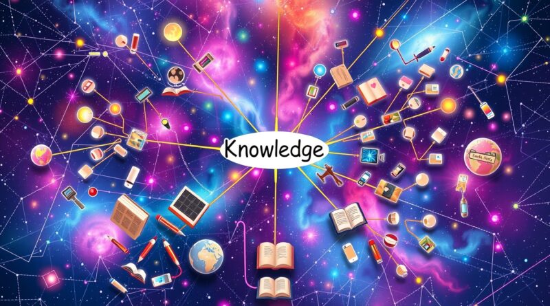 Kognitywna mapa umysłu z "Wiedzą" w centrum, otoczona symbolami nauki. Eteryczna, ghibli-esque ilustracja.