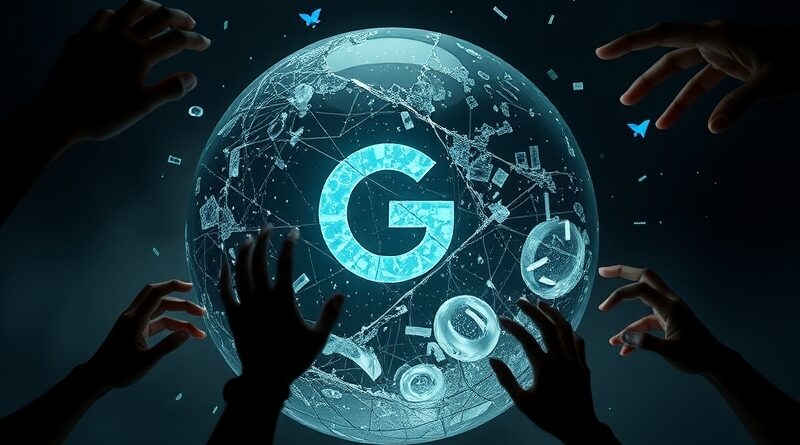 Roztrzaskana sfera danych z logo Google; cień hakerów symbolizuje zagrożenie kradzieżą; kruchość informacji.