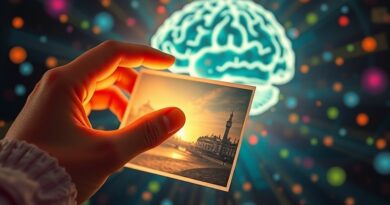 Eteryczne dłonie edytują starą fotografię, wspomagane przez AI, w impresjonistycznej wizji Google Photos.