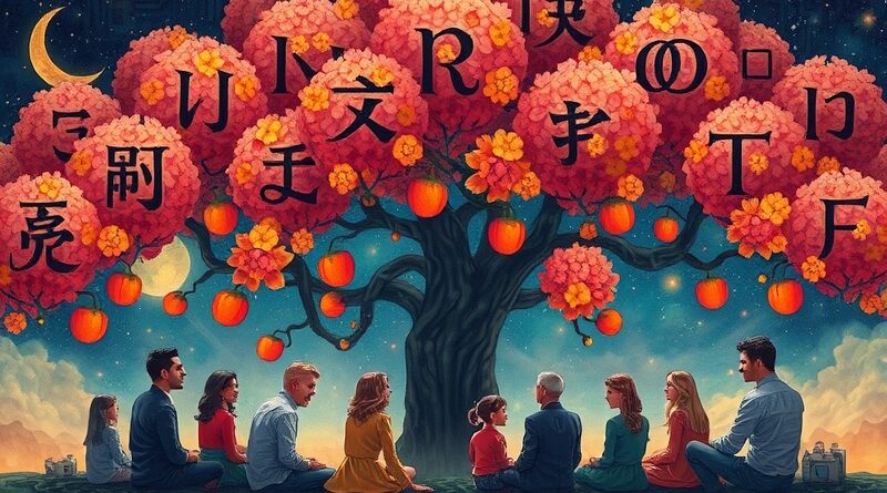 Surrealistyczne drzewa języków, od starożytnych glifów po AI, owocują doskonałym tłumaczeniem dla zróżnicowanej społeczności.