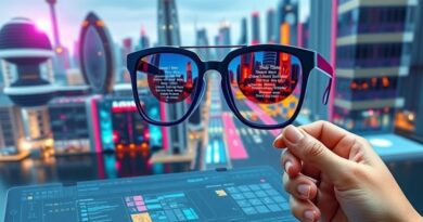 Futurystyczne miasto odbite w okularach; dłoń tworzy grafikę AI na tablecie.