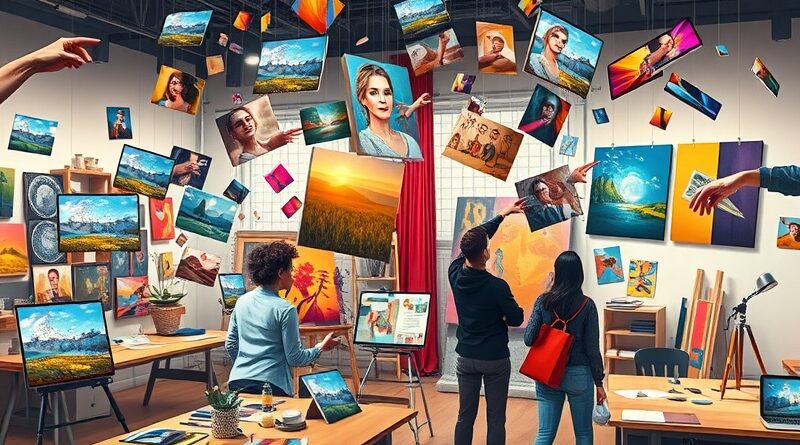 Pracownia artystyczna, kolaboracja AI i artystów, elementy cyfrowe oraz wydruki w ciepłym świetle.