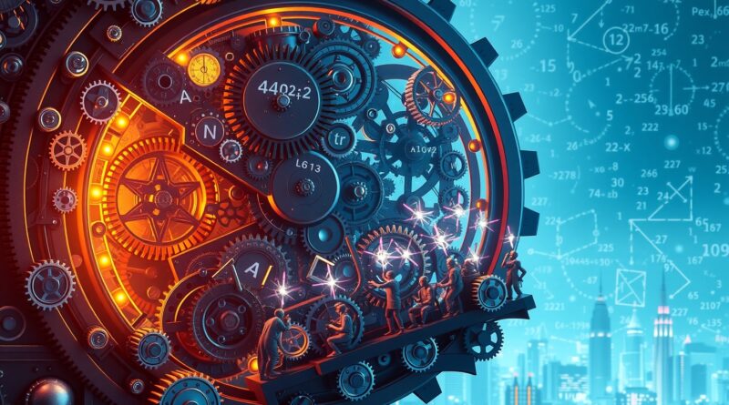 Złożony mechanizm zegarowy w mózgu symbolizuje Gemini Deep Think: równoległe testowanie pomysłów przez AI.