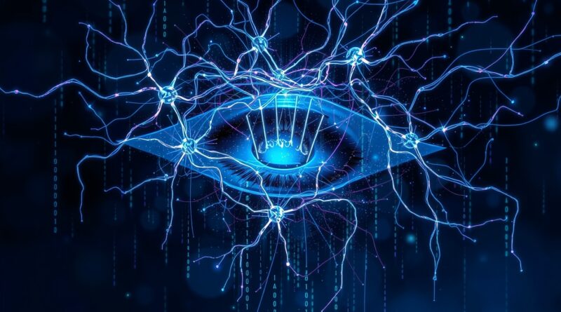 Abstrakcyjna sieć neuronów tworząca śpiące oko w deszczu binarnego kodu, symbolizująca AI odkrywające luki bezpieczeństwa.