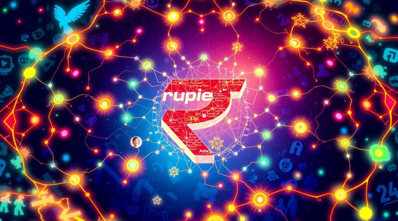 Neonowa sieć gamingowych światów z indyjską rupią w centrum, symbolizująca inwestycję Google w branżę gier AI.