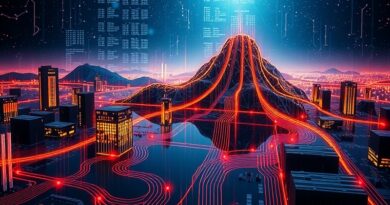 Abstrakcyjna płyta główna centrum danych jako krajobraz Wirginii, światłowody jak konstelacje.