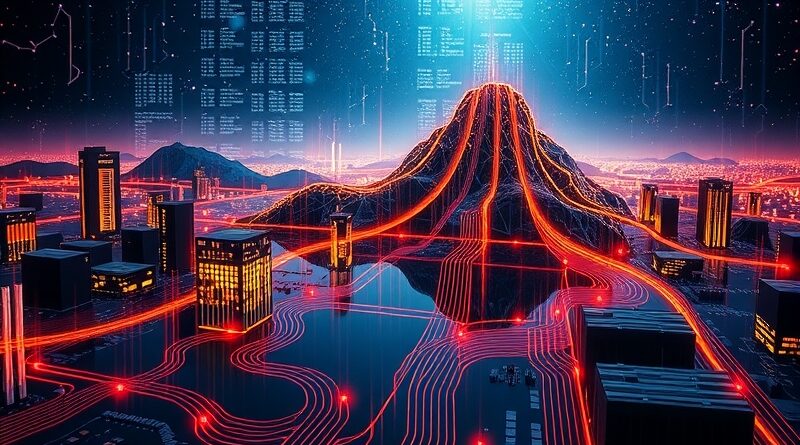 Abstrakcyjna płyta główna centrum danych jako krajobraz Wirginii, światłowody jak konstelacje.