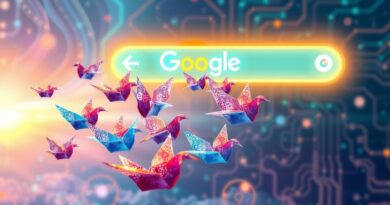 Stado origami-stron nad neonowym Google, kod, strumienie danych. AI a ruch w sieci.