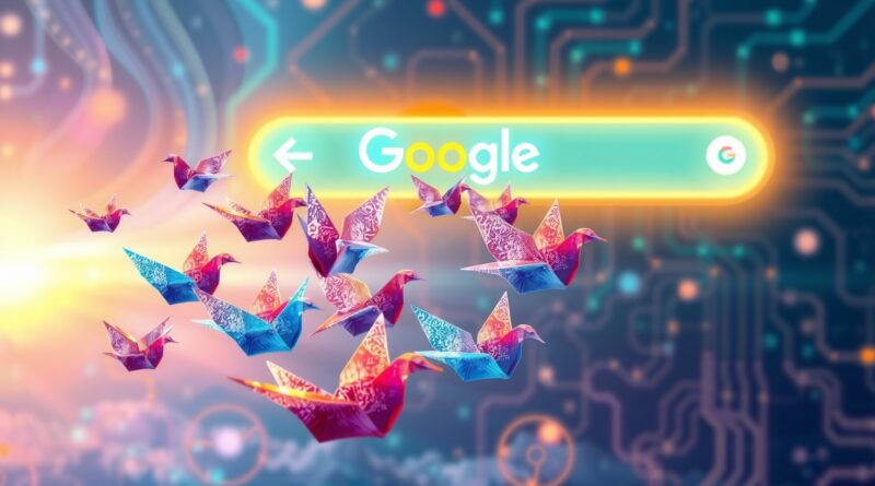 Stado origami-stron nad neonowym Google, kod, strumienie danych. AI a ruch w sieci.