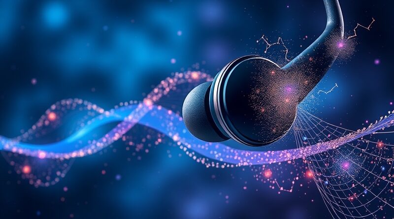 Abstrakcyjne fale dźwiękowe z Pixel Buds przekształcają się w konstelacje, symbolizując AI w audio.