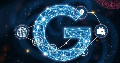 Świecąca sieć węzłów w kształcie logo Google "G", pulsująca energią, symbolizuje globalny rozwój AI.
