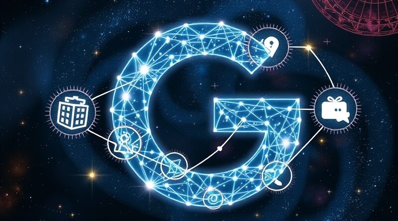 Świecąca sieć węzłów w kształcie logo Google "G", pulsująca energią, symbolizuje globalny rozwój AI.