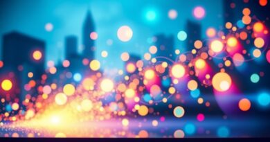 Luminujące orby danych w cyfrowym notatniku, miejska sceneria w tle. Abstrakcyjna wizualizacja "Magic View" NotebookLM.