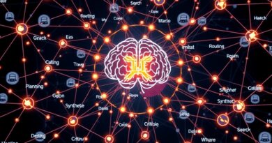 Futurystyczna sieć neuronowa reprezentująca agenta AI Gemini z funkcjami planowania, krytyki i syntezy.