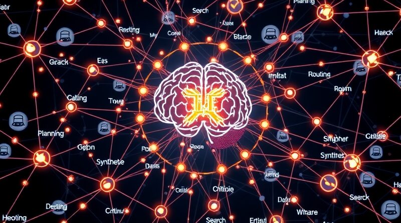 Futurystyczna sieć neuronowa reprezentująca agenta AI Gemini z funkcjami planowania, krytyki i syntezy.
