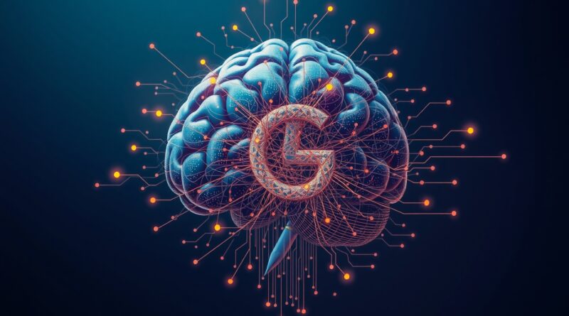 Abstrakcyjny mózg cyfrowy spleciony z kodem w kształcie "G", pióro i obwody. Niebiesko-fioletowe i złote barwy.