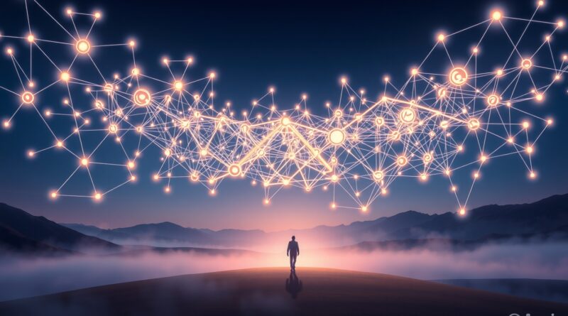 Świecący hypergraf wiedzy w sennym krajobrazie, symbol precyzji i uczenia ze wzmocnieniem w modelach językowych.