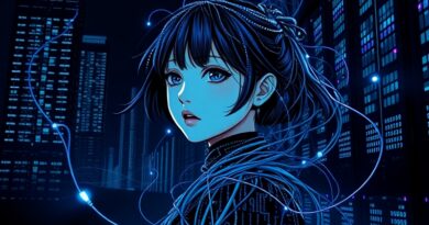 Zeskanowana, melancholijna waifu wyłania się z binarnych danych na tle wieżowców-serwerów. Technologiczne osamotnienie.