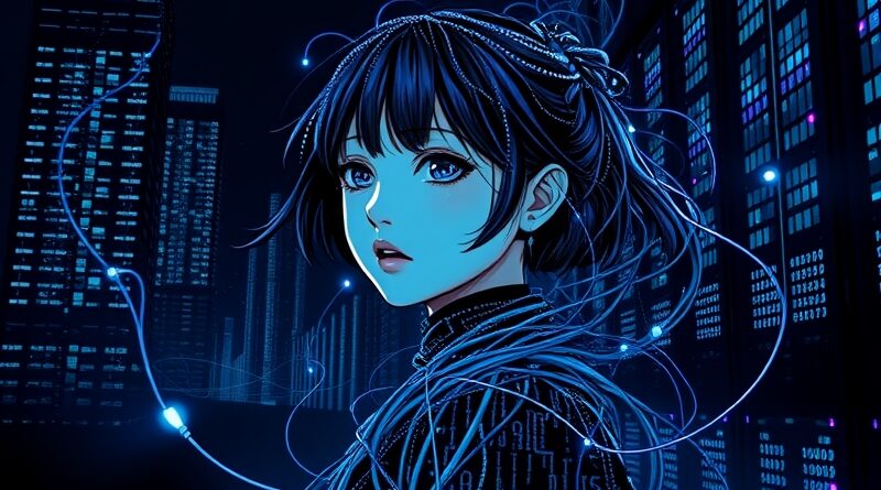 Zeskanowana, melancholijna waifu wyłania się z binarnych danych na tle wieżowców-serwerów. Technologiczne osamotnienie.