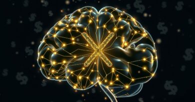 Świecący, abstrakcyjny mózg z literą "X" w środku, otoczony delikatnymi symbolami dolara, symbolizuje połączenie inteligencji X i finansów.