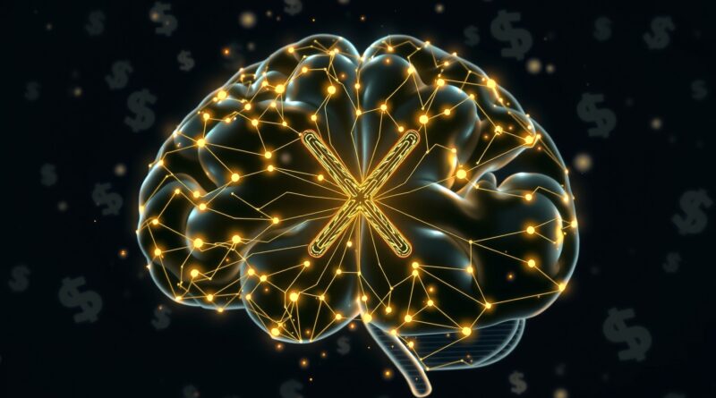 Świecący, abstrakcyjny mózg z literą "X" w środku, otoczony delikatnymi symbolami dolara, symbolizuje połączenie inteligencji X i finansów.
