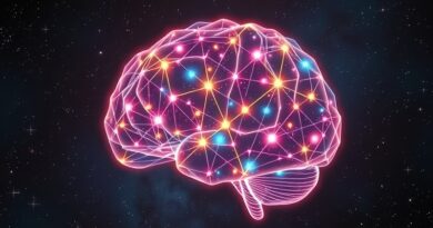 Świecąca sieć neuronowa w kształcie mózgu symbolizuje hybrydowe rozumowanie nowego modelu AI, Hermes 4.