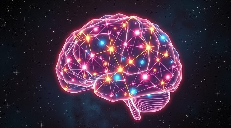 Świecąca sieć neuronowa w kształcie mózgu symbolizuje hybrydowe rozumowanie nowego modelu AI, Hermes 4.