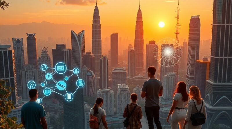 Futurystyczna Kuala Lumpur w blasku świtu. Symbol Malezji jako regionalnego centrum AI.