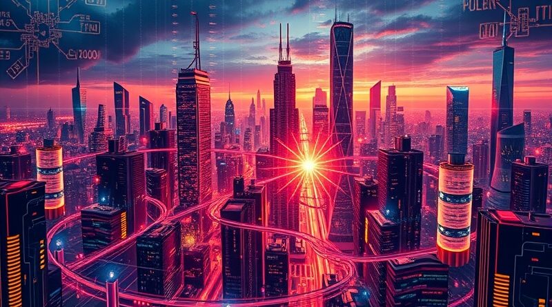 Abstrakcyjna, futurystyczna panorama miasta spleciona z obwodami kwantowymi i mikroczipami. Współpraca klasycznych i kwantowych obliczeń.