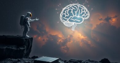 Astronauta nad przepaścią, nebula, mózg z gwiazd i zamknięta teczka venture capitalist. Bezpieczeństwo AI, fundusz inwestycyjny.