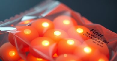 Futurystyczne, przezroczyste opakowanie z subtelnymi, świecącymi czujnikami zmieniającymi kolor, wskazującymi świeżość produktu. Algorytmy AI analizują wizualne dane.