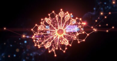 Abstrakcyjna wizualizacja ewolucji AI: świetlista sieć neuronowa na tle kosmosu, symbolizująca wzrost i złożoność.