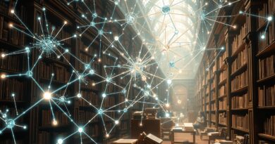 Sieć neuronowa w starożytnej bibliotece, strumienie danych łączą węzły i teksty. Fuzja wiedzy i AI.