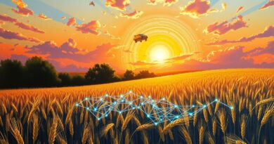 Sieć neuronowa w polu pszenicy pod wschodzącym słońcem, symbolizująca rozwój AI Nvidii w robotyce.