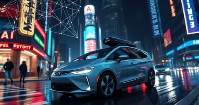 Futurystyczne miasto nocą, autonomiczny pojazd i wizualizacja sieci AI do precyzyjnej nawigacji.