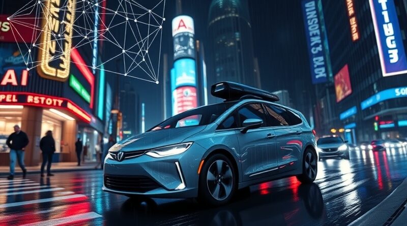 Futurystyczne miasto nocą, autonomiczny pojazd i wizualizacja sieci AI do precyzyjnej nawigacji.