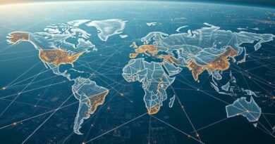 Rozległa sieć neuronowa łączy miasta na mapie świata, symbolizując globalny przepływ danych AI.