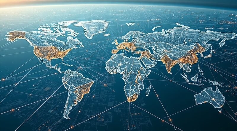 Rozległa sieć neuronowa łączy miasta na mapie świata, symbolizując globalny przepływ danych AI.