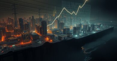 Zatopione miasto układów scalonych; rosnące koszty energii AI ilustrowane hologramem.