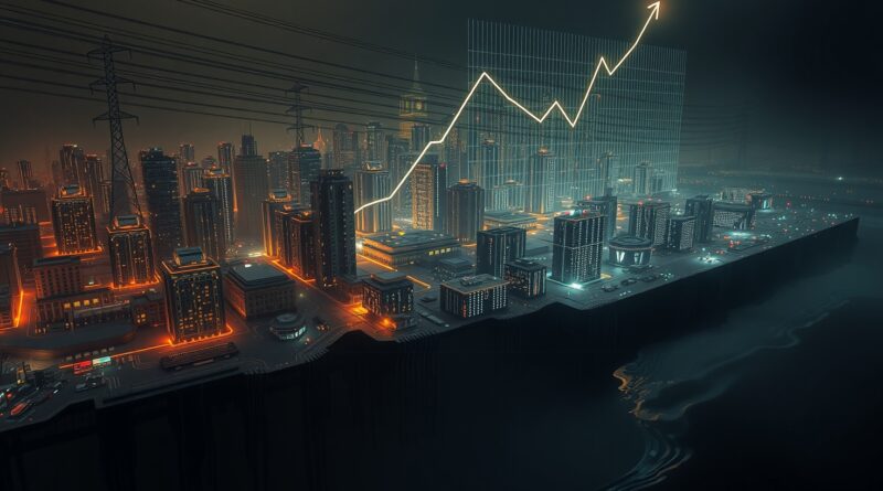 Zatopione miasto układów scalonych; rosnące koszty energii AI ilustrowane hologramem.