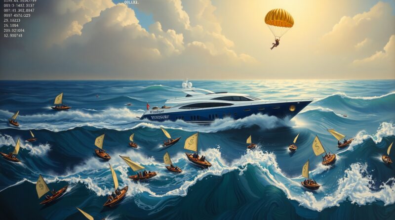 Burzliwe morze binarnego kodu, jacht "Windsurf" i tonące łodzie symbolizujące pracowników, złoty spadochron na horyzoncie.