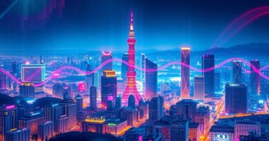 Futurystyczny Seul w neonach, z motywami LLM, symbolizujący koreańską innowacyjność w dziedzinie sztucznej inteligencji.