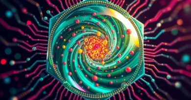 Inteligentne cząstki w mikrochipie symbolizują moc i efektywność LEANN - bazy wektorowej dla AI.